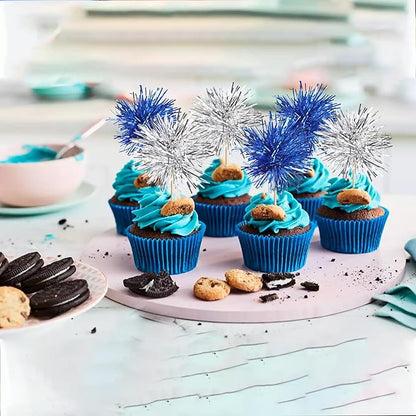 40 PCS Foil Firework Cupcake Toppers Sparkle Tinsel Cupcake Picks Fireworks Birthday Party Decorations Cocktail Fruit Toothpick for Birthday Wedding Graduation Party Decorations Supplies Silver Blue