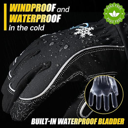 HANDLANDY Waterproof Insulated Work Gloves, 3M Thinsulate Thermal Winter Gloves for Men Women Touch Screen, Warm Ski Snowboard Cold Weather Gloves (Black, XX-Large)