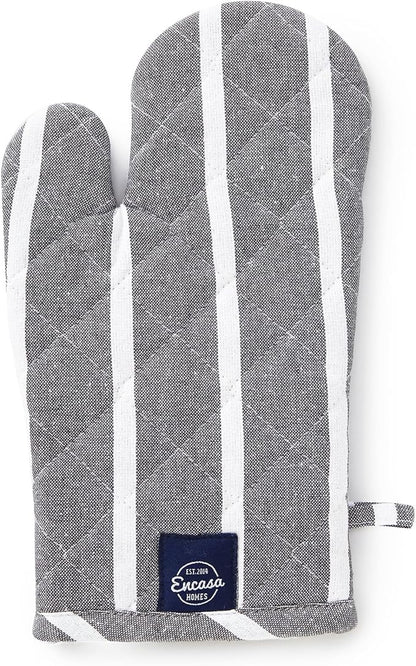 Encasa XO Long 12"x7" Oven Microwave Hand Gloves Mitts (2 pc Set) for Kitchen Cooking & Baking - Heat Resistant, Thick & Safe, Protection of Hands from Hot Utensils - Roma Grey Stripes