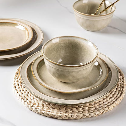 AmorArc Ceramic Dinnerware Sets,Stoneware Handmade Reactive Glaze Plates and Bowls Sets,Chip and Crack Resistant | Dishwasher & Microwave Safe,Dishes Set Service for 4 (12pc)