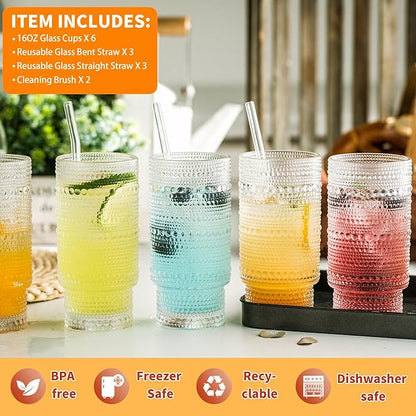 KEMORELA Glass Cups Vintage Glassware Set of 6 Large, Hobnail Drinking Glasses, 16oz Glass Cups With Straws, Romantic Hobnail Highball Glasses, Bar Beverages Ice Coffee Cup Glassware