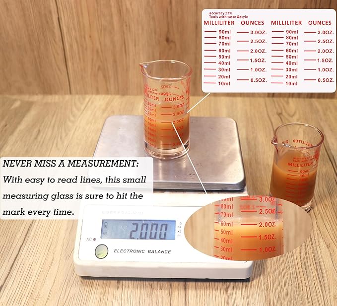 Ackers 3oz/90ml Glass Measuring Cup – Shot Glass with Double Scale-Ounce,Ml Markings for Kitchen & Bar(Pack of 2)