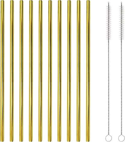 10 Pcs Stainless Steel Straws, Reusable Drinking Straws, Straight Metal Straw Sets with 2 Pcs Cleaning Brushes (10.5 Inch, Gold)