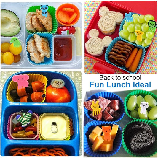 XANGNIER 60 Pcs Silicone Lunch Box Dividers with Animal Food Picks,Reusable Lunch Bento Box Accessories for Kids,Lunchbox Supplies Accessories,Back to School Lunch Essentials,Silicone Cupcake Liners