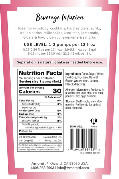 Amoretti - Watermelon Lemonade Beverage Infusion Drink Mix & Water Enhancer with Pump for Flavoring Cocktails, Waters, Tea, and other Beverages, 94 Servings Per Bottle (750 ml), Preservative Free