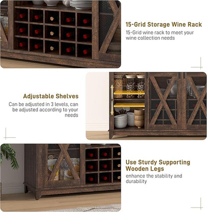 63"W Farmhouse Coffee Bar Cabinet with LED Light,Wine Bar Cabinet w/ 4 Tier Storage Hutch,Kitchen Buffet Cabinet w/Sliding Barn Door & 15 Wine and Glass Racks for Kitchen Dining Room(Brown)