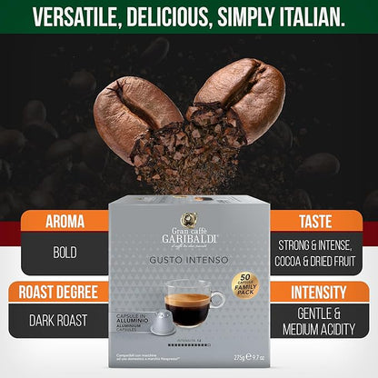Gran Caffè Garibaldi Espresso Pods, Italian Roasted Coffee, Compatible Nespresso Original Line Machines, Nitrogen Flushed, Strong & Intense, Cocoa & Dried Fruit, Dark Roast - Gusto Intenso (Aluminum) 200 Cups