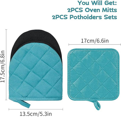 Oven Mitts and Pot Holders Set, Pack of 4, Heat Resistant Silicone Kitchen Mini Oven Mittens for 500 Degrees, Mini Oven Gloves and Hot Pads for Baking Grilling Barbecue Microwave Machine Washable
