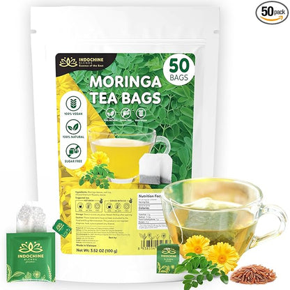 Indochine Blends, 50 Tea Bags, Hibiscus Tea Bags for High Blood Pressure, Herbal Tea Bags, Caffeine-Free, No Sugar, Vegan, Supports Heart Health and Relaxation, Loose Hibiscus Flowers, All Natural Hibiscus Flowers Ingredients (50 Tea Bags, Moringa Tea)