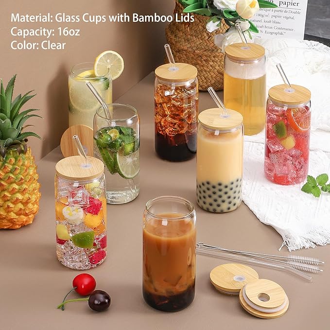 Glass Cups with Lid and Straw, 16oz Beer Glasses Glass Coffee Cups, Iced Coffee Cups with Lid, Glass Tumbler with Straw and Lid (2 PACK)