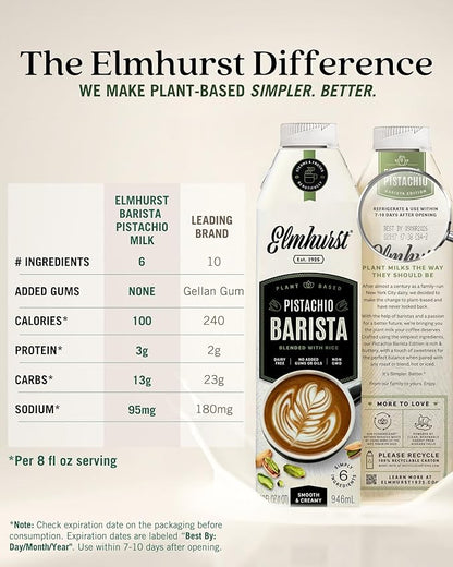 Elmhurst 1925 Pistachio Milk Barista Edition – 32 Ounce (Pack of 6) Plant-Based, Vegan, Dairy-Free, Non-GMO, Kosher, Froths for Lattes & Iced Coffee, 3g Protein per Serving, Simple Ingredients