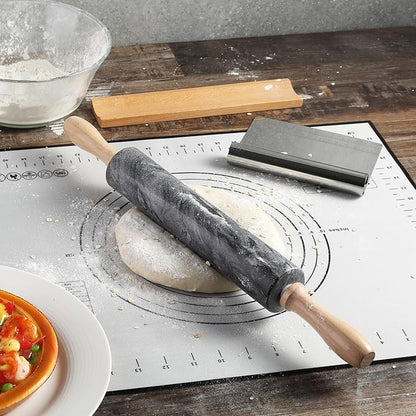 African Natural Marble Rolling Pin, Non-Stick Polished Dough Roller, Pasta, Dumpling, Fondant, Pie Crust, Bread, Pizza Dough, Kitchen Baking Pastry Tools with Mat/Scraper(Monte Grigio)