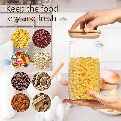 Square Glass Jars Canister with Wood Lid 50 FL OZ [Set of 3], Container Jar with Sealing, Lids for Oat Pasta Flour Cereal Rice Sugar Tea Coffee Beans, Best for Kitchen & Pantry