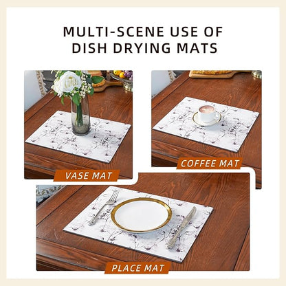 Dish Drying Mat Diatomaceous Earth Soft Coffee Mat, Silicone Dish Drying Mat for Kitchen Counter or Sink for Kitchen Bathroom Coffee Bar (Inked Flower, 16 x 24 Inches)