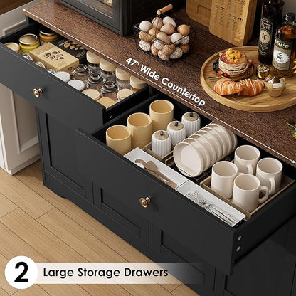 HIFIT 71" LED Kitchen Pantry Cabinet with Power Outlet, Large Kitchen Hutch Storage Cabinet with Arched Door & Shelves & 2 Drawers, Tall Farmhouse Coffee Bar w/Hutch for Home Dining Living Room, Black