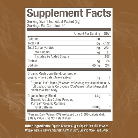 OM MUSHROOM SUPERFOOD Coffee Latte Blend Mushroom Powder, Single Serve, 10 Count, Lion's Mane, Cordyceps, Reishi, Chaga, Energy & Mental Clarity Support Supplement