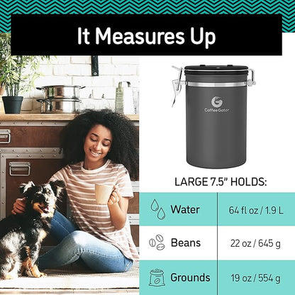 Coffee Gator Coffee Canister, 2pack 22oz Airtight Stainless Steel Kitchen Food Storage Container with Date Tracker, Scoop for Sugar, Grounds, Beans,Tea, Cereal, Flour, Cookies Jars - Gray&Silver