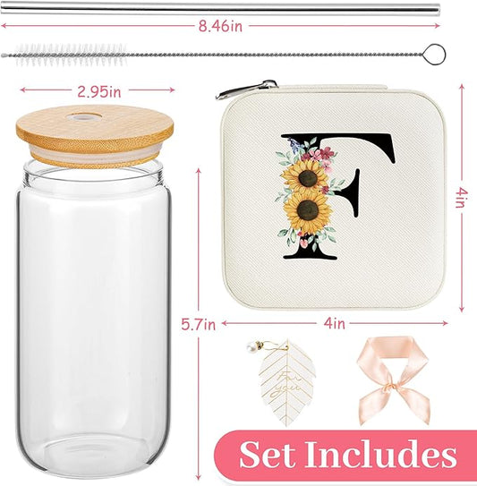 AYGXU Bridesmaid proposal gifts,Travel Initial Jewelry Box for Girls,Travel Jewelry Case,Initial Glass Cup,Cute Tumbler Cup,Small Jewelry Organizer for Teen Girls Gifts,Initial F white