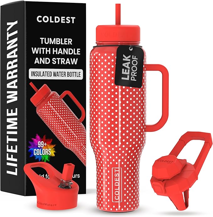 Coldest 40 oz Tumbler with Handle and Straw - 100% Leak Proof Insulated Tumbler with Lid and Straw (3 Lids) - Stainless Steel Tumblers for Women & Men - Cup Holder Friendly Base, 46 oz (Red Dress)