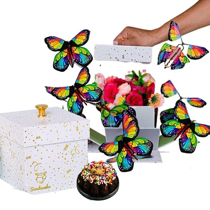 Send A Cake Celebration Explosion Box, with Flying Butterflies, Flower Shower & 3" Chocolate Chip Mini Bundt Cake – Ready to Gift Unique Birthday Gift for Women, Men, Adults, Kids