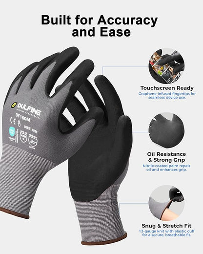 DULFINE Safety Work Gloves MicroFoam Nitrile Coated-24 Pairs Pack,Seamless Knit Nylon Glove with Black Micro-Foam Nitrile Grip,Ideal for General Purpose,Automotive,Home Improvement,Painting(Small)