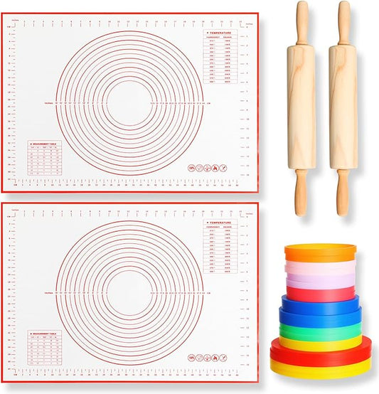 20 Pcs Rolling Pin Set Include 2 Classic Wood Dough Rollers 16 Adjustable Thickness Guide Rings 2 Pastry Mats Non slip Silicone Baking Essentials for Fondant Pasta Bread Pizza Pies Cookies