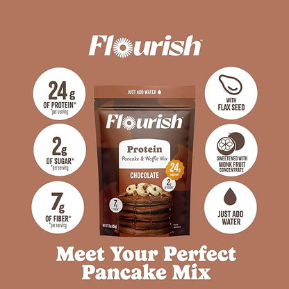 Flourish Protein Pancake & Waffle Mix, with Whey Protein & Flax Seed, No Added Sugar, High in Protein & Fiber - Just Add Water - Chocolate Flavour, 430 g (2 Pack) - Made in Canada