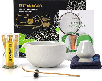 TEANAGOO Matcha Whisk Set,7 Pcs Matcha Set Lt.Grey,Matcha Kit for Ceremony,Matcha Tea Set for Making Breakfast/Latte,Matcha Whisk Set and Bowl with All Accessories,Gift for Matcha Lover/Friend/Family