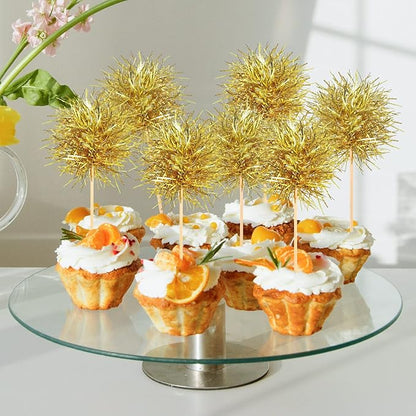 Chinco 100 Pcs Foil Firework Cupcake Toppers Sparkle Tinsel Cake Toppers Cake Decoration Cocktail Fruit Toothpick for Birthday Wedding Graduation Party(Gold)