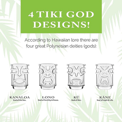 Final Touch Tiki Shot Glasses Set of 4 - Kanaloa, Lono, Kū, Kāne Designs, 2 oz (60 ml), Clear, Stackable Totem Pole Storage, Durable Glassware for Tropical Shots (TK5301)