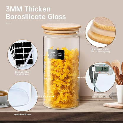 Extra Large Glass Flour and Sugar Storage Containers with Airtight Lids,132 floz x2 [Set of 2] Big Glass Jars with Bamboo Lids, Air Tight Food Storage Jars for Cereal, Pasta, Rice, Coffee