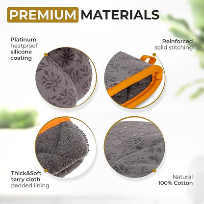 Premium Heat-Resistant Oven Mitts - Stylish and Beautiful - Non-Slip Platinum Silicone Grip - Long and Thick - 100% Natural Cotton Exterior and Soft Terry Cloth Lining - Set of 2 by Cook'n'Chic