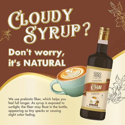 ChocZero Chai Flavoring Syrup, Sugar Free, Monk Fruit Sweetened, Prebiotic Fiber, Keto, Gluten Free, Vegan, No Sugar Alcohols – 25.4 Fluid Ounces