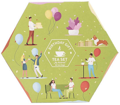 ACORUS | Birthday Gift Tea Set | Natural Tea Hamper Box Gift Set of 6 Flavors | Thoughtful Present for Birthday | Large Selection Box | Tea Gift Sets | 60 Herbal and Fruit Tea Bags Variety Pack