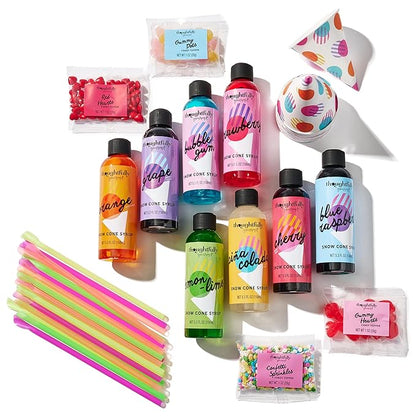 Thoughtfully Gourmet, Snow Cone Party Gift Set, Includes Ingredients for 20 Snow Cones, 8 Flavored Syrups, Toppings, and Paper Cups, Set of 20