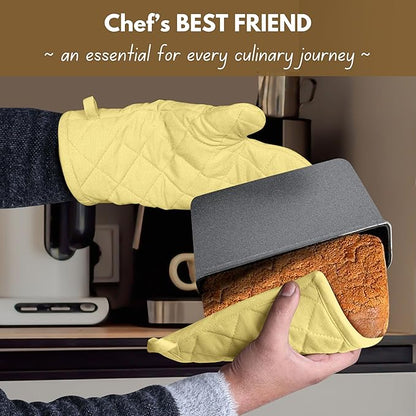 Native Fab 4 Piece Set - 2 Oven Mitts & 2 Potholders, Heat Resistant, 100% Cotton, Quilted Design, Non-Slip Grip, Machine Washable, Ideal for Baking, Cooking, BBQ, Kitchen Protection - Pale Yellow