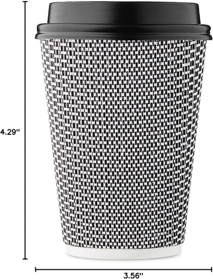 [100 SET]Harvest Pack 12 oz Disposable Coffee Cups, Insulated Ripple Double-Walled Paper Cups with Lids, Black and White Geometric, Drinking Cups for Tea Hot Chocolate Drinks To go coffee cups
