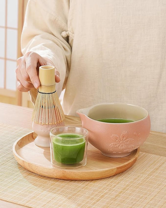 ZENS Matcha Whisk Set, Pink Ceramic Matcha Bowl with Embossed Sakura, 6pcs Matcha Tea Kit Includes Bamboo Whisk, (Chasen Holder) Scoop & Sifter, Tea Towel for Matcha Ceremony, Pink