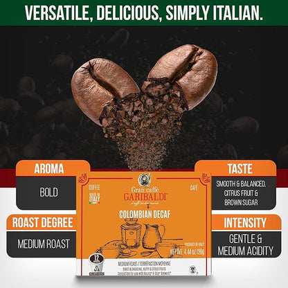 Caffè Garibaldi Colombian Decaf Coffee Pods, Single-Serve Capsules for Keurig K-Cup Brewers, Single Serve Cups with 100% Arabica Blend for Coffee Makers, 72 Count Recyclable Pods - Medium Roast
