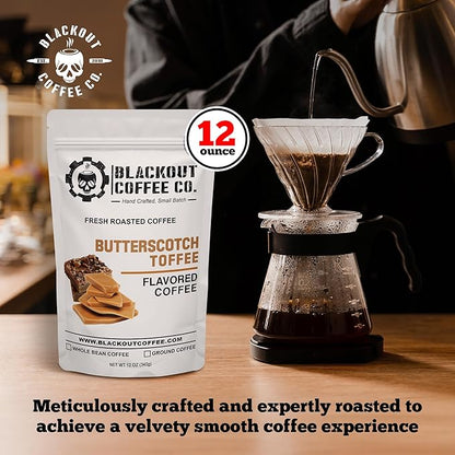 Blackout Coffee Butterscotch Toffee Flavored Medium Roast - Freshly Roasted in the USA - 12 oz Ground Coffee Pouch