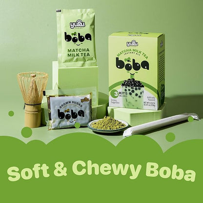 Matcha Latte Instant Bubble Pearl Matcha Milk Tea Kit with Authentic Brown Sugar Tapioca Pearls, Ready in Under One Minute, Paper Straws Included – 3 Servings Yulu Foods