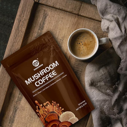 GANOHERB Instant Mushroom Coffee Powder, Arabica Coffee Mix with 5 Adaptogen Mushrooms, Lions Mane, Reishi, Chaga, Cordyceps, Shiitake and MCT Oil for Energy and Focus, 6.35oz, 30 Servings