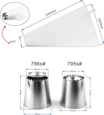 Cake Decorating Set, 2 Pieces Stainless Steel Icing Piping Nozzles Tips Kit with Reusable Piping Bag - Christmas Birthdays Anniversary Wedding Cakes Cookies Dessert Pastry DIY Making Tools