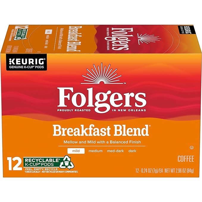 Folgers Breakfast Blend Mild Roast Coffee, 72 Keurig K-Cup Pods