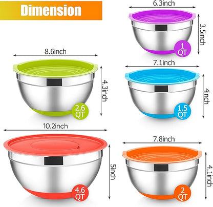 E-far Stainless Steel Mixing Bowls with Lids Set, 5-Piece Nesting Salad Bowls with 3 Grater Attachments and Non-Slip Bottoms, Size 4.6, 2.6, 2, 1.5, 1QT for Kitchen (Colorful)