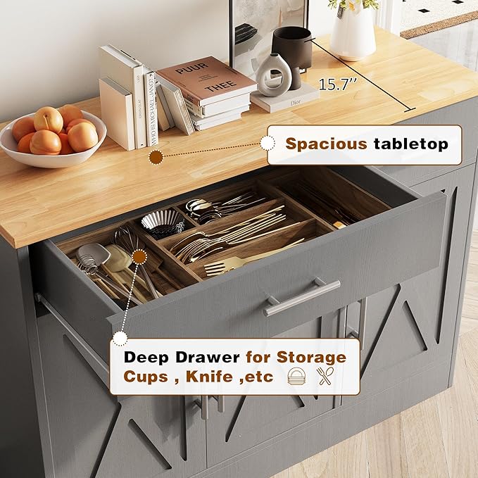Vongrasig Sideboard Buffet Cabinet with Storage, 43” Farmhouse Coffee Bar Storage Cabinet with Drawers and Shelves, Modern Buffet Table for Kitchen, Dining Room, Grey