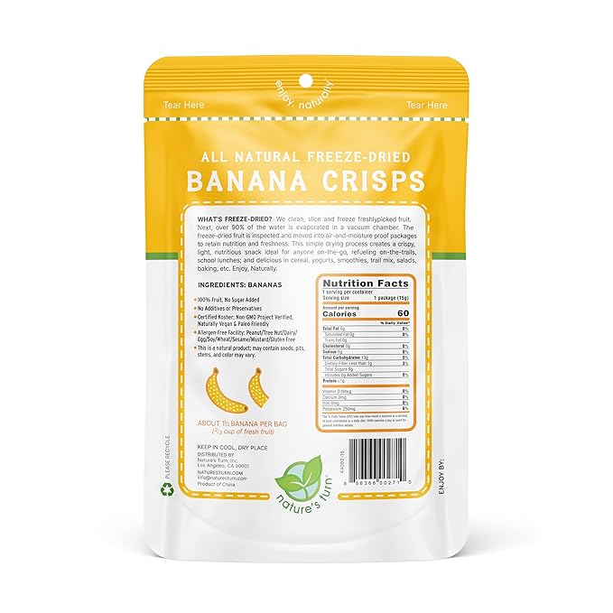 Nature’s Turn Freeze-Dried Banana Crisps – Healthy, Gluten-Free, Crispy & Delicious, Plant-Based Snack, Ideal for Cereal, Smoothies, School Lunches, & On-the-Go, Bags of 12 (0.53 oz Each)