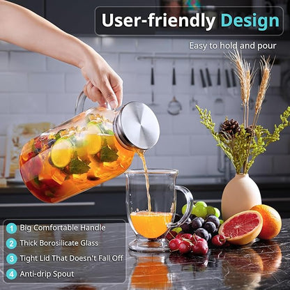 3 Liter 101 oz Glass Pitcher with Lid and Spout, Bivvclaz Glass Water Pitcher for Fridge, Glass Carafe for Hot/Cold Water, Iced Tea Pitcher, Large Jug for Coffee, Juice and Homemade Beverage