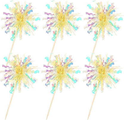 30 PCS Foil Firework Cupcake Toppers Sparkle Tinsel Cupcake Picks Happy Birthday Cake Decorations Drink Stirrers Cocktail Food Fruit Toothpicks for Baby Shower Graduation Party Supplies Yellow