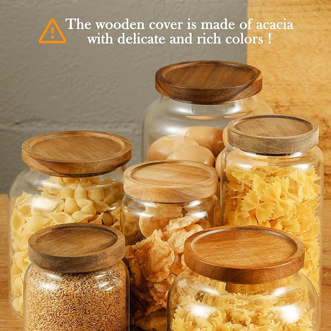 Labina Glass Storage Container Airtight Food Jars Kitchen Canister with Wood Lids, 88 Oz Wide Mouth Pantry Organization Glass Jar for Flour, Sugar, Cookie, Spagetti, Nuts and Candy (2 Pack)